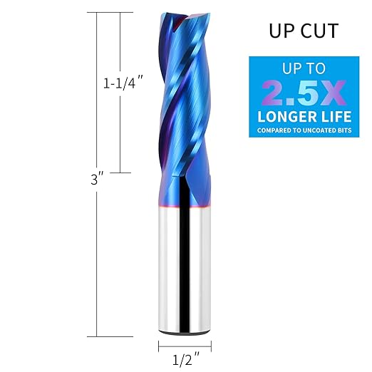 Upcut Spiral Router Bit 3-Flute with 1/2??Shank, 1/2??Cutting Diameter, 1-1/4??Cutting Length, Carbide CNC Router Bits End Mill for Wood Mortises Carving Engraving(3 Inch OVL)