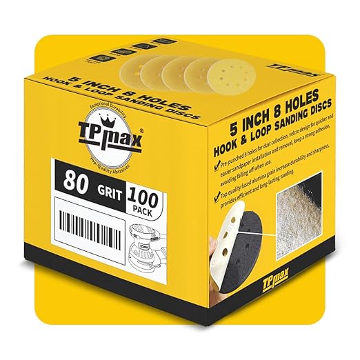 100PCS 5 Inch 80 Grit 125mm 8 Hole Sanding Discs Sandpaper - Premium Gold Round Hook and Loop for Random Orbital Sander - Ideal for Wood, Metal, Automotive