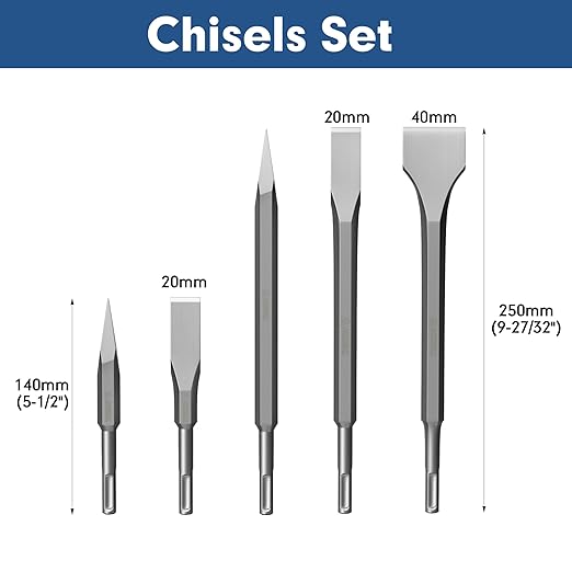17Pcs Rotary Hammer Drill Bits and Chisel Set - SDS-Plus Carbide-Tipped Drill Bits and Chisels with Storage Case - Tools for Concrete Brick Stone and Other Masonry Construction Materials