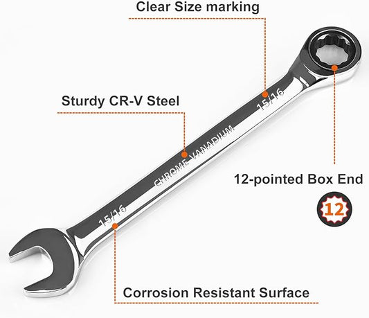 Egofine 15/16 inch Ratcheting Combination Wrench SAE, Industrial Grade Gear Spanner with 12-Point Design, 72-Tooth Ratchet, Chrome Vanadium Steel