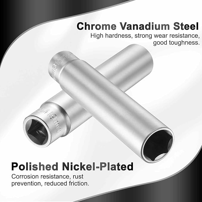 HARFINGTON 2pcs 6 Points Deep Socket 1/2" Drive 19mm Deep Metric CR-V Steel Polished Nickel Plating Flip Sleeve 120mm / 4.7" Extra Long Socket Tool for Home Auto Nuts Bolts Repair