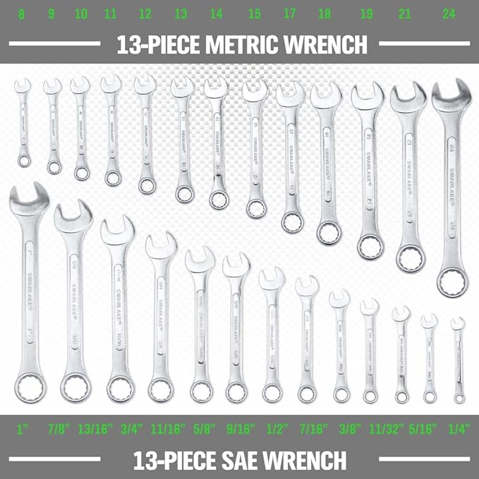 SWANLAKE GARDEN TOOLS 26-Piece Combination Wrench Set with Roll-up Pouch, SAE 1/4??- 1?? Metric 8mm - 24mm, Perfect for General Household, Garage, Auto Repairs and Travel Emergency