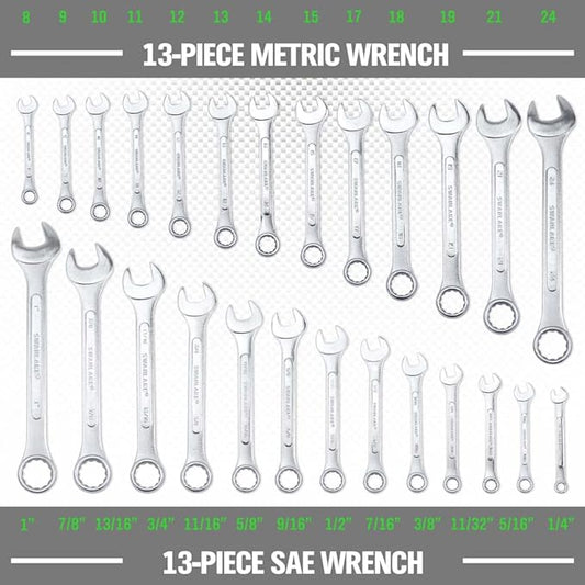 SWANLAKE GARDEN TOOLS 26-Piece Combination Wrench Set with Roll-up Pouch, SAE 1/4??- 1?? Metric 8mm - 24mm, Perfect for General Household, Garage, Auto Repairs and Travel Emergency