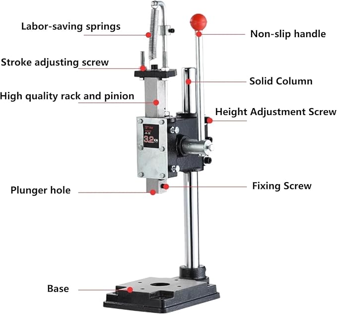 Maximum Height 19.6in/500mm, 640kg Heavy Duty Arbor Press, Manual Leather Embosser, Bench Top Perforator, Hand Trigger Press Cast Iron, for Mounting, Removing or Compressing Workpieces(320kg)
