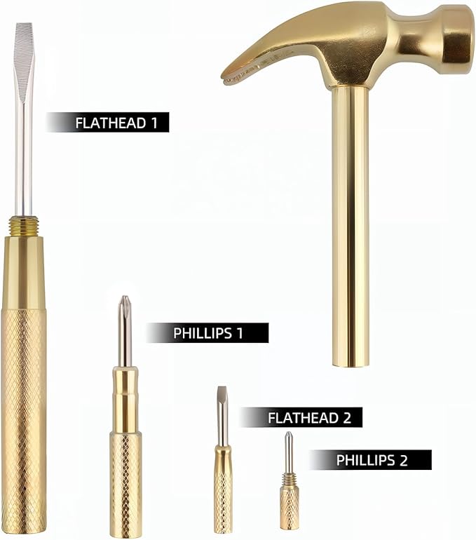 Multifunction Hammer 6 in 1 with Slotted/Flat Head Phillips Screwdriver Claw Hammer Manual, Portable Metal Mini Tool Hammer (Gold)