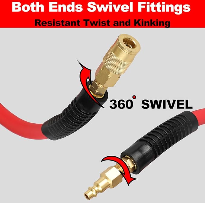 Keepro Hybrid Air Hose, Flexible 3/8 Inch ID x 10 Feet Long Lead-in Short Air Compressor Hose with Swivel Solid Brass 1/4" Industrail Quick Coupler and Plug, 300 PSI Maximum Pressure, Red