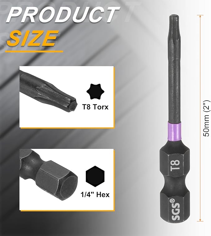 HARFINGTON 5pcs T8 Torx Head Impact Screwdriver Bits 1/4" Hex Shank 2" (50mm) Long Magnetic No Hole Tamper Proof 6 Point Star Screw Driver Drill Bits Phosphate S2 Steel Power Tools