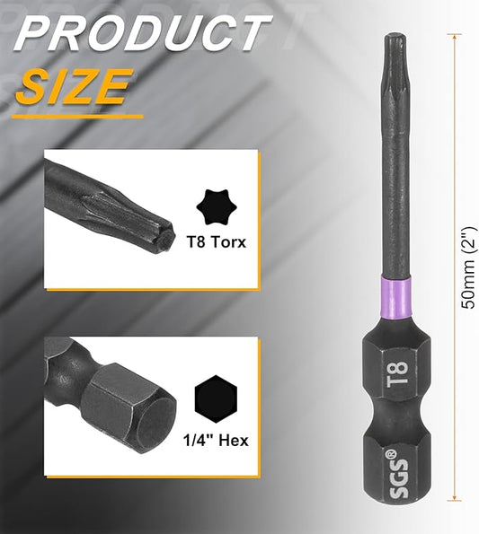 HARFINGTON 5pcs T8 Torx Head Impact Screwdriver Bits 1/4" Hex Shank 2" (50mm) Long Magnetic No Hole Tamper Proof 6 Point Star Screw Driver Drill Bits Phosphate S2 Steel Power Tools