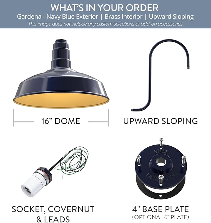 Steel Lighting Co. | Dusk to Dawn | Gardena Barn Light | Outdoor Wall Mounted | 16" Dome | Upslope Gooseneck | Farmhouse Light Made in America | Navy Blue/Brass