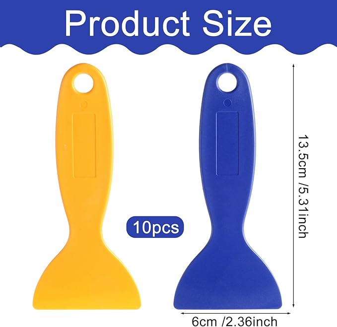 10 Pcs Plastic Putty Knife, Flexible Paint Spatula Resin Putty Knife Caulk Scraper Sticker Remover Tool for 3D Printing, Decal Installation, Air Bubble Removal, Spackling (Black, Yellow, Blue)