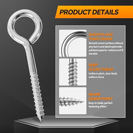 2Pcs 6 Inch Heavy Duty Screw Eyes Hooks, 304 Stainless Steel Self Tapping Eyelet Screw Eye Bolts,800LBS Breaking Strength, Screw in Eye Hooks for Wood Securing Cables Wire. (2, M10-6 Inch)