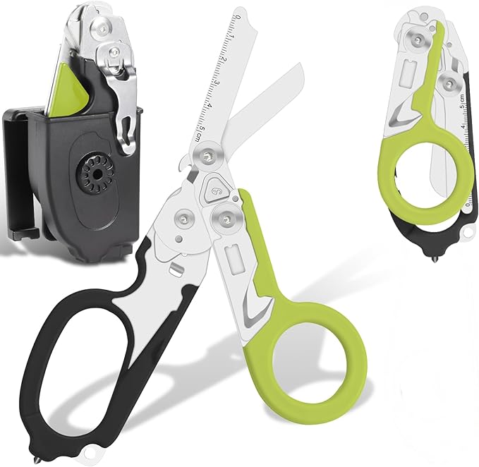 6-in-1 Heavy Duty Emergency/Trauma Shears, with Carbide Glass Breaker, Ring Cutter, Foldable, Stainless Steel Multi-Purpose Scissors for Hospital, Home, Camping, and Travel Rescue Tools (Black+Green)