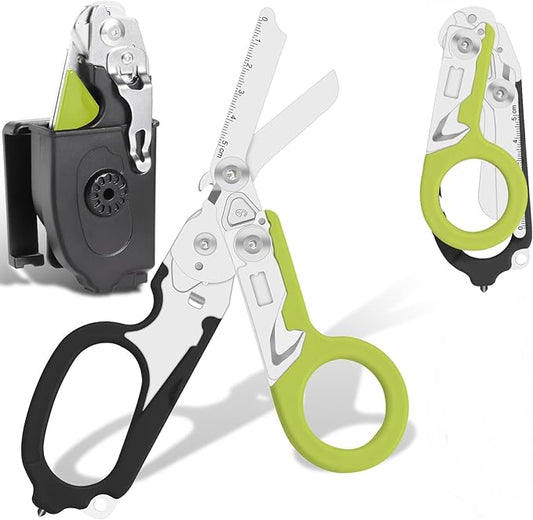 6-in-1 Heavy Duty Emergency/Trauma Shears, with Carbide Glass Breaker, Ring Cutter, Foldable, Stainless Steel Multi-Purpose Scissors for Hospital, Home, Camping, and Travel Rescue Tools (Black+Green)