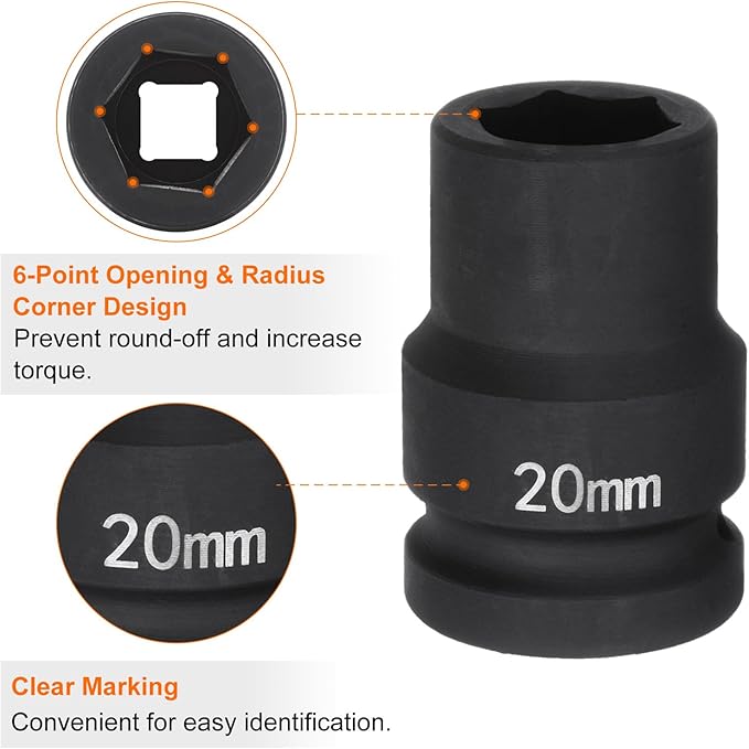 HARFINGTON 6-Point Impact Socket 3/4" Drive 20mm Metric 40Cr Alloy Steel Spindle Axle Nut Impact Socket