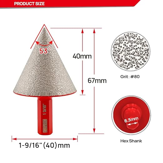 DT-DIATOOL Diamond Beveling Chamfer Bit 1-9/16 Inch with Hex Shank, 2-Pack for Tile Porcelain Ceramic Granite Marble Existing Holes Enlarging Polishing Shaping Trimming Repairing