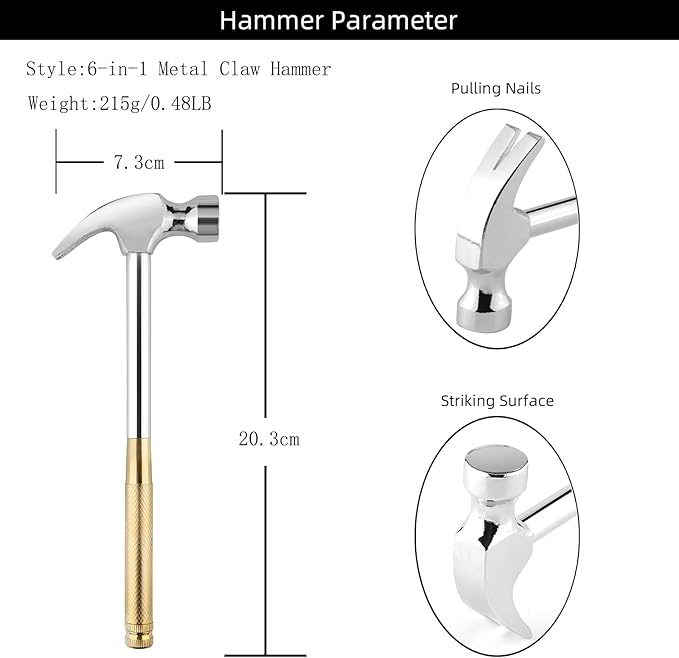Small Metal Hammer 6 in 1 with Slotted/Flat Head Phillips Screwdriver Claw Hammer Manual, Portable Multifunction Tool Hammer (Gold Silver)
