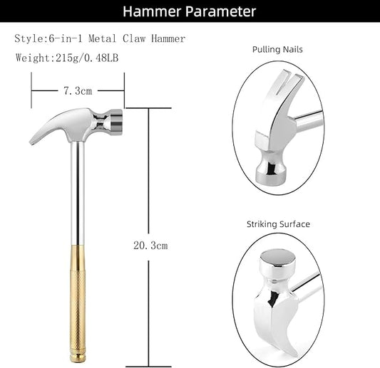 Small Metal Hammer 6 in 1 with Slotted/Flat Head Phillips Screwdriver Claw Hammer Manual, Portable Multifunction Tool Hammer (Gold Silver)