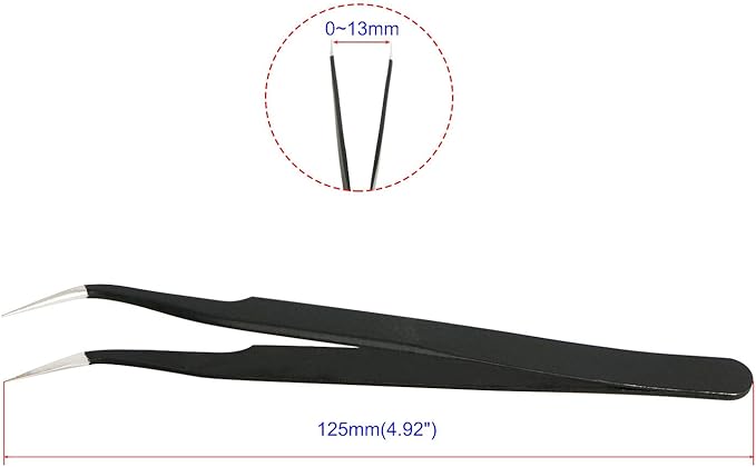 Aoje-Link ESD-17 Professional Anti-Static Precision Technology Tweezers, Non-magnetic Fine Tip Curved, Stainless Steel Plastic Coated, Full Length 125mm, Black, 2pcs