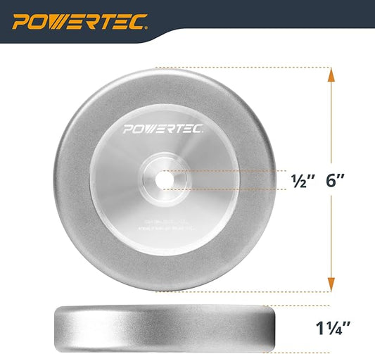 POWERTEC CBN Grinding Wheel 6 Inch 320 Grit, 1-1/4" Wide, 1/2" Arbor ??4-in-1 CBN Sharpening Wheel with 1/4" Radius Edge and Side Face for Bench Grinder (15708)