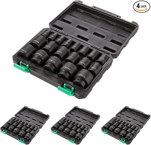 Amazon Basics 19-Piece 1/2-Inch Drive 6 Point Shallow Impact Socket Set, SAE Size With Carrying Case, 10.2" x 8.5" x 2.4"(Previously Denali brand) (Pack of 4)