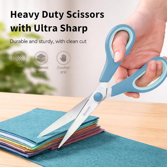 iBayam 8" All Purpose Scissors Bulk 3-Pack for Scrapbook, Vision Board, Office, Teacher Supplies, Heavy Duty Scissors with Ultra Sharp 2.5mm Thick Blade & Comfort Grip Handles, Right/Left Handed
