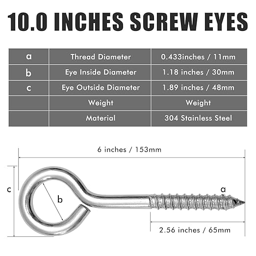 10PCS 6 inches Screw Eyes M10 304 Stainless Steel Eye Screws, Heavy Duty Screw, Eye Hooks Screw Eye Bolts Eye Hooks Screw, Indoor & Outdoor Uses (10, M10-6inch)