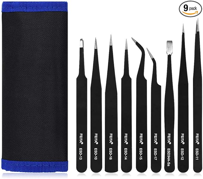 Precision Tweezer Set - FEITA Professional ESD Stainless Steel Anti static Tweezers Kit for Electronic, craft, Jewelry, Watchmakers, Hobby (Black 9 Pcs)