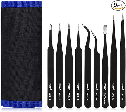 Precision Tweezer Set - FEITA Professional ESD Stainless Steel Anti static Tweezers Kit for Electronic, craft, Jewelry, Watchmakers, Hobby (Black 9 Pcs)