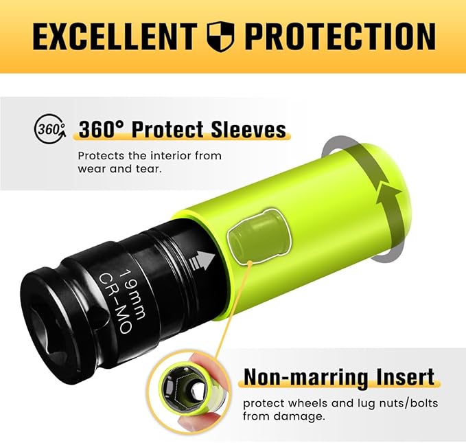 BOEN 19mm 1/2" Drive Wheel Protector Impact Socket, Non-Marring Lug Nut Thin Wall Deep Socket Set, Chrome-Molybdenum Steel, 6 Point, Color-Coded Protective Socket