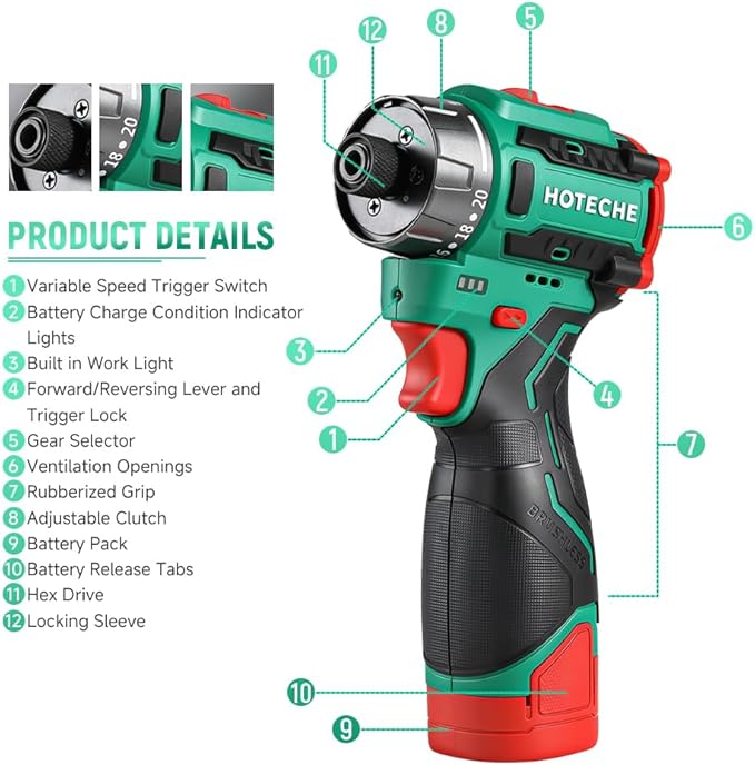 Hoteche Cordless Brushless Screwdriver - 2.0Ah Battery, 75Nm Torque, 1/4" Chuck, with Charger & LED Light