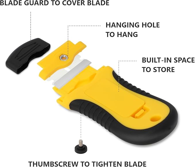 Locking Razor Blade Scraper with Safety Cap Glass Cooktop Scraper with Extra 10 Plastic Razor Blades and 10 Metal Blades for Glass Clean Paint and Old Label Decal Sticker Remover