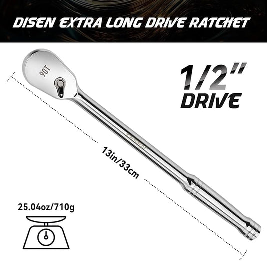DISEN 1/2" Drive Ratchet,90-Tooth Ratchet Wrench with 14" Handle and Dust Proof Teardrop Enclosed Head, Reversible, CR-V Steel Made, CR-MO Head, Full Polished, Gifts for Men