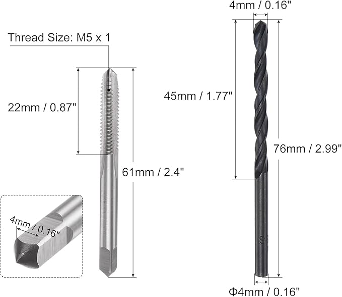 uxcell Metric Tap and Drill Bit Set, M5 x 1 Thread Tap & 4mm Black Oxide Twist Drill Bit, Straight Flute Tap Tapping Threading Repair Tool Kit