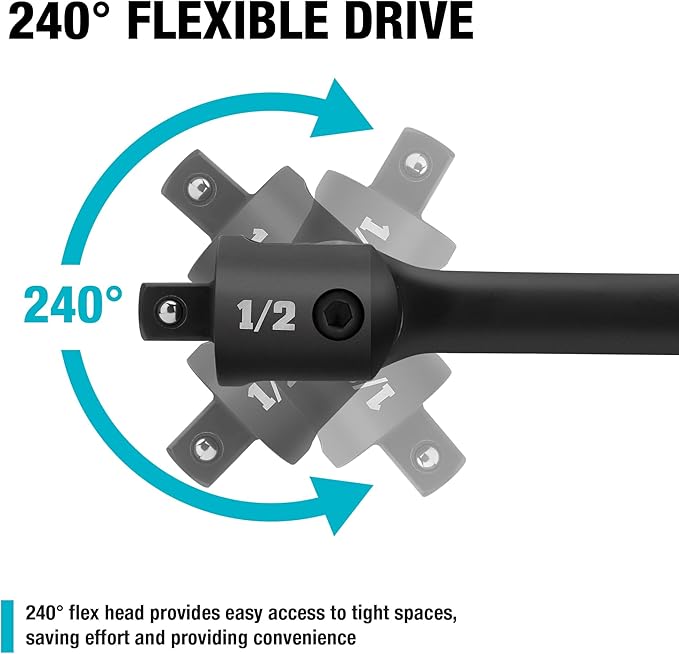 DURATECH Breaker Bar, 1/2'' Drive 24-Inch Breaker Bars Heavy Duty, with 240째 Flex Head, Spring-loaded Detent Ball, CR-MO Head, Premium Black Phosphate Finish