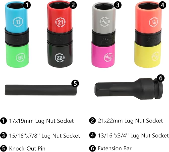 DPTOOL Lug Nut Socket Set 1/2" Drive Wheel Impact Flip Socket Set with Metric 17 19 21 22 MM & SAE 3/4 13/16 7/8 15/16 in. Sockets Non-Marring Thin Wall Lug Nut Removal Tool