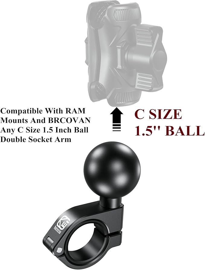 BRCOVAN 1.5'' Ball Mount, Aluminum Alloy Handlebar Clamp Base, Fit for Round Rails 0.875'' / 1'' / 1.125'' / 1.26'' in Diameter, Compatible with RAM Mounts C Size 1.5 Inches Ball Double Socket Arm
