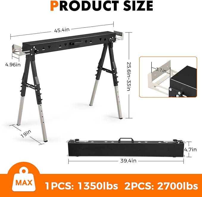 2 Pack Heavy Duty Folding Sawhorse Pair, Adjustable Height & Legs, Portable Metal Saw Horses with 2600 LBS Load Capacity, Portable Folding and Fast Open Legs and Easy Grip Handle for Woodworking.