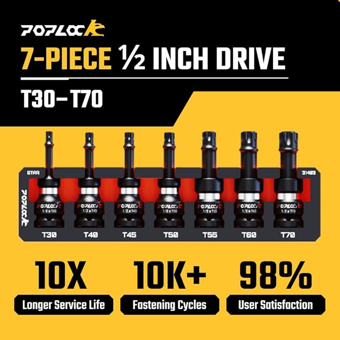 Poplock Impact Driver Set | 7-Piece 쩍 inch Drive Star Bit Set (T30?밫70) | 75mm Long Impact Driver Bit Set with 6-Lobed Allen Tips for Torx Fasteners T30 T40 T45 T50 T55 T60 T70