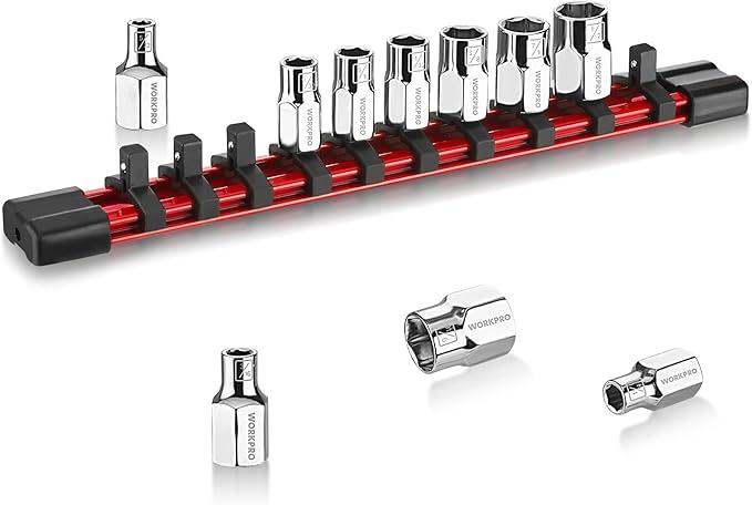 WORKPRO 1/4" Drive Socket Set, 10-Piece SAE CR-V Socket Set with Sturdy Socket Organizer, 6-Point Standard & Shallow Sockets 5/32" to 9/16", External Hex Socket Set with Socket Rail for Anti Rolling