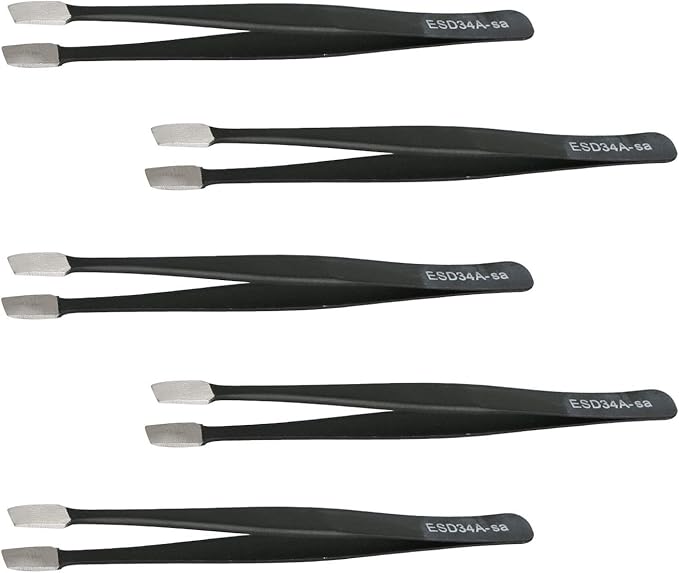 Aoje-Link ESD-34a Professional Anti-Static Precision Technology Tweezers, Non-magnetic Flat Straight, Stainless Steel Plastic Coated, Full Length 120mm, Black, 5pcs
