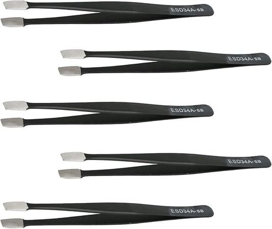 Aoje-Link ESD-34a Professional Anti-Static Precision Technology Tweezers, Non-magnetic Flat Straight, Stainless Steel Plastic Coated, Full Length 120mm, Black, 5pcs