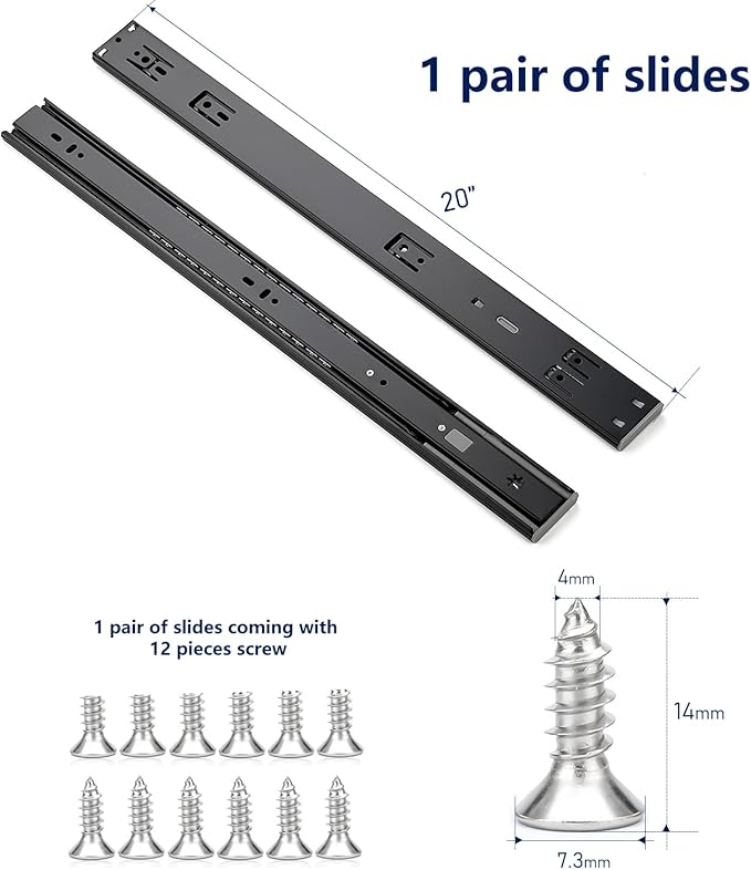 Ravinte 20 Inch Soft Close Drawer Slides 1 Pairs 2 Pack Black Full Extension Ball Bearing Drawer Glide Side Mount