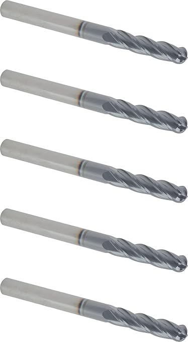 CME 5 pcs Micrograin Carbide End Mills, Ball Nose, TiAlN Coated, 1/4" Mill Diameter, 1 1/8" Length of Cut, 3" Overall Length, 4 Flute, Center Cutting