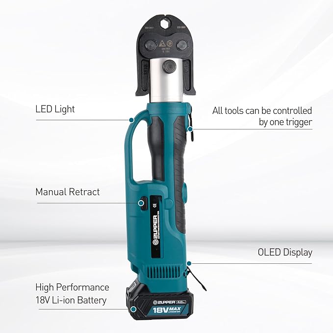 ZUPPER Standard Pro Press Tool kit with 6 Copper Pro Press Jaws 1/2" to 2", 2pcs 4AH Battery, Fast Charger & Carrying Case