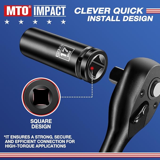 MTO 1/2" Drive 17mm Deep Impact Socket, 6 Pt. Metric Socket, CR-MO Steel & Anti-Corrosion Coating for Heavy-Duty Use