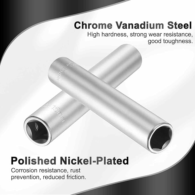 HARFINGTON 2pcs 6 Points Deep Socket 1/2" Drive 15mm Deep Metric CR-V Steel Polished Nickel Plating Flip Sleeve 120mm / 4.7" Extra Long Socket Tool for Home Auto Nuts Bolts Repair