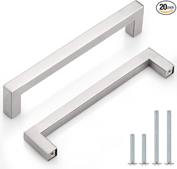 Probrico 20 Pack|Brushed Nickel Square Bar Cabinet Pull Drawer Handle Stainless Steel Modern Hardware for Kitchen Bathroom Cabinets Cupboard,Center to Center 6-3/10in(160mm)
