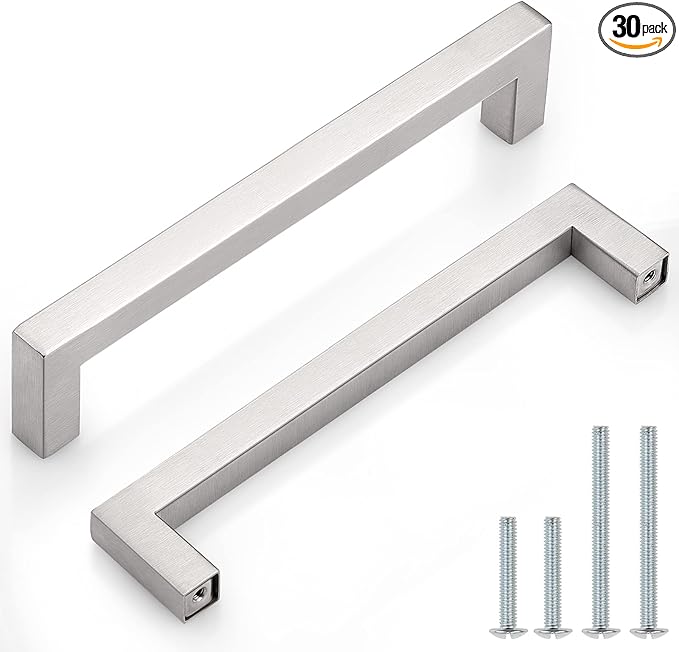 Probrico 30 Pack|6-3/10in(160mm) Kitchen Square Cabinet Handles Brushed Nickel Cabinet Pulls Stainless Steel Drawer Pulls Kitchen Cabinet Hardware