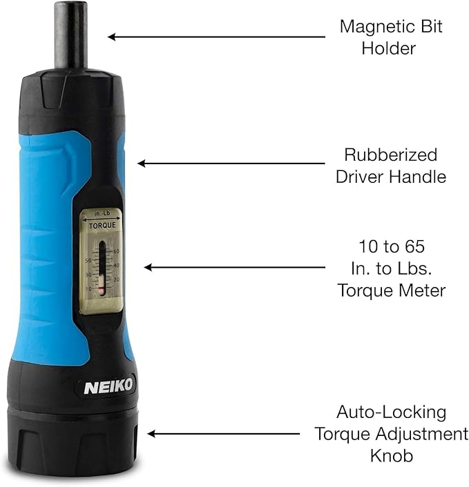 Neiko 10574A 1/4??Drive Torque Wrench Screwdriver Set | 30 Pieces of S2 Steel Philips, Hex, Slotted, and Torx Bits | 10 to 60 Inch-Pounds Torque Adjustment Range | Firearms Accurizing and Gunsmithing