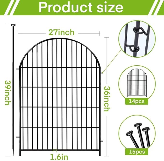 ADAVIN Garden Fence Animal Barrier with Gate 36 in(H)횞30.6 Ft(L) 14 Panels,Rustproof Metal Wire Tall Fencing Border for Dogs Rabbits,Outdoor no dig pet Fences, Arched Black Flower Edging for Yard